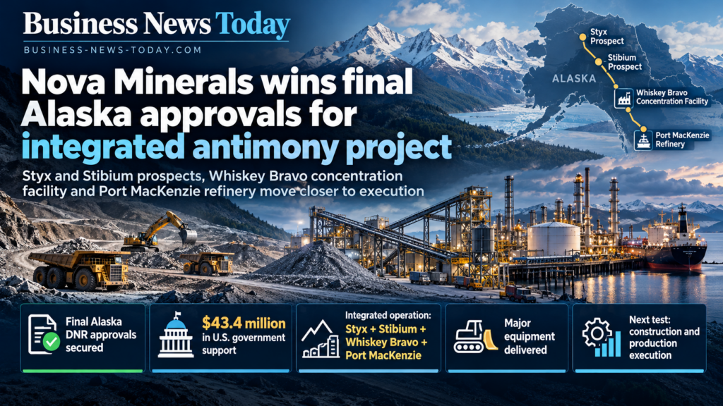Infographic showing Nova Minerals’ final Alaska approvals for its integrated antimony project, highlighting the Styx and Stibium prospects, Whiskey Bravo concentration facility, Port MacKenzie refinery, $43.4 million in U.S. government support and upcoming construction and production milestones.