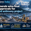 Infographic showing Nova Minerals’ final Alaska approvals for its integrated antimony project, highlighting the Styx and Stibium prospects, Whiskey Bravo concentration facility, Port MacKenzie refinery, $43.4 million in U.S. government support and upcoming construction and production milestones.