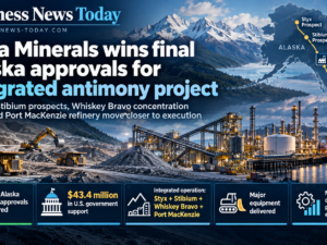 Infographic showing Nova Minerals’ final Alaska approvals for its integrated antimony project, highlighting the Styx and Stibium prospects, Whiskey Bravo concentration facility, Port MacKenzie refinery, $43.4 million in U.S. government support and upcoming construction and production milestones.