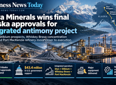 Infographic showing Nova Minerals’ final Alaska approvals for its integrated antimony project, highlighting the Styx and Stibium prospects, Whiskey Bravo concentration facility, Port MacKenzie refinery, $43.4 million in U.S. government support and upcoming construction and production milestones.