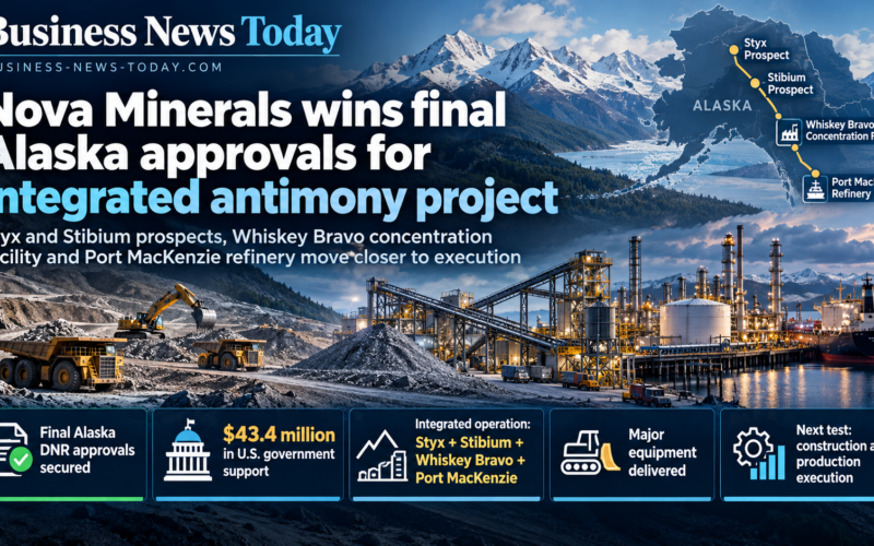 Infographic showing Nova Minerals’ final Alaska approvals for its integrated antimony project, highlighting the Styx and Stibium prospects, Whiskey Bravo concentration facility, Port MacKenzie refinery, $43.4 million in U.S. government support and upcoming construction and production milestones.