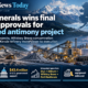 Infographic showing Nova Minerals’ final Alaska approvals for its integrated antimony project, highlighting the Styx and Stibium prospects, Whiskey Bravo concentration facility, Port MacKenzie refinery, $43.4 million in U.S. government support and upcoming construction and production milestones.