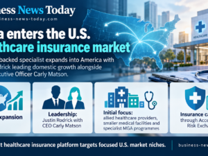 Infographic showing MISSION-backed healthcare insurance specialist Altea’s expansion into the United States, highlighting Justin Rodrick and Chief Executive Officer Carly Matson, its focus on allied healthcare providers and smaller medical facilities, and insurance capacity through Accelerant’s Risk Exchange.