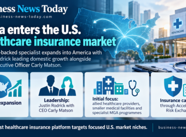 Infographic showing MISSION-backed healthcare insurance specialist Altea’s expansion into the United States, highlighting Justin Rodrick and Chief Executive Officer Carly Matson, its focus on allied healthcare providers and smaller medical facilities, and insurance capacity through Accelerant’s Risk Exchange.