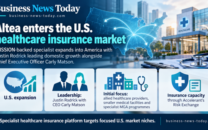 Infographic showing MISSION-backed healthcare insurance specialist Altea’s expansion into the United States, highlighting Justin Rodrick and Chief Executive Officer Carly Matson, its focus on allied healthcare providers and smaller medical facilities, and insurance capacity through Accelerant’s Risk Exchange.