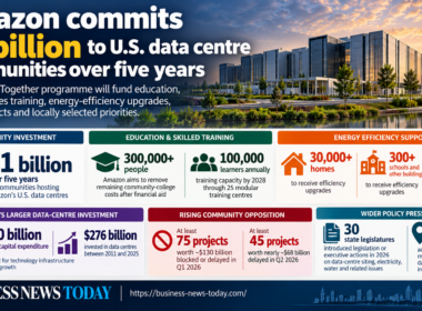 Editorial infographic on Amazon.com, Inc.’s $1 billion, five-year investment in U.S. data-centre communities, highlighting education and skilled-trades training, energy-efficiency upgrades for more than 30,000 homes and 300 buildings, and rising local opposition to hyperscale infrastructure projects.