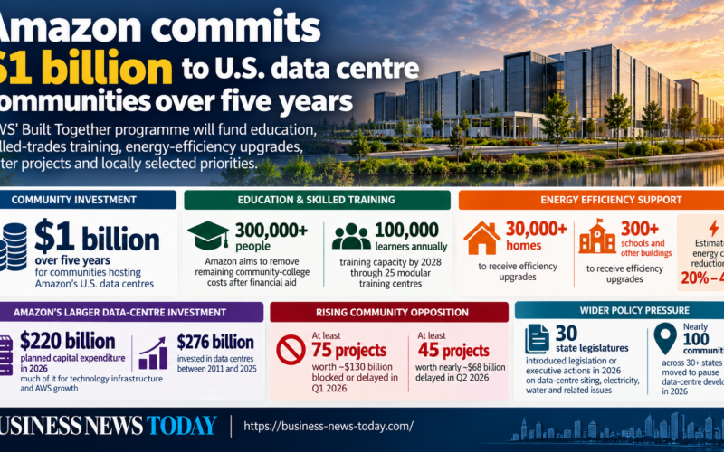 Editorial infographic on Amazon.com, Inc.’s $1 billion, five-year investment in U.S. data-centre communities, highlighting education and skilled-trades training, energy-efficiency upgrades for more than 30,000 homes and 300 buildings, and rising local opposition to hyperscale infrastructure projects.