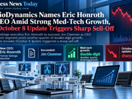 Editorial infographic highlighting AngioDynamics’ appointment of Eric Honroth as Chief Executive Officer, succeeding Jim Clemmer, with medical technology equipment, double-digit med-tech segment growth graphics and a declining stock chart illustrating the sharp sell-off following the October 8 update.
