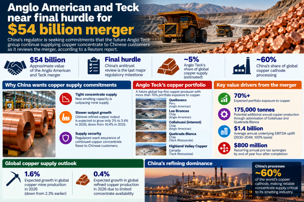 Business News Today infographic showing Anglo American and Teck Resources nearing the final regulatory hurdle for their approximately $54 billion merger, with China reportedly seeking copper-concentrate supply commitments as the combined group would control around 5% of global copper supply.