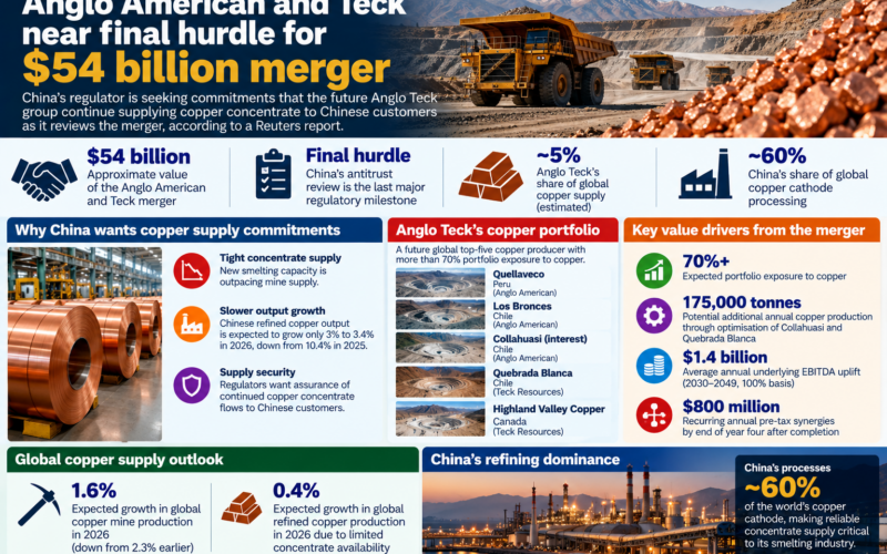 Business News Today infographic showing Anglo American and Teck Resources nearing the final regulatory hurdle for their approximately $54 billion merger, with China reportedly seeking copper-concentrate supply commitments as the combined group would control around 5% of global copper supply.