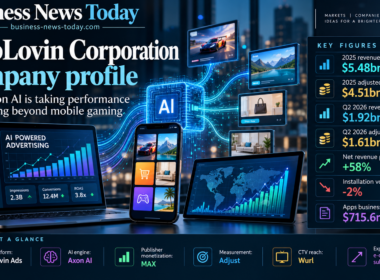 Infographic-style feature image for a Business News Today AppLovin Corporation company profile, showing AI-powered advertising dashboards, mobile and digital ad screens, and key figures including 2025 revenue of $5.48 billion and Q2 2026 revenue of $1.92 billion.