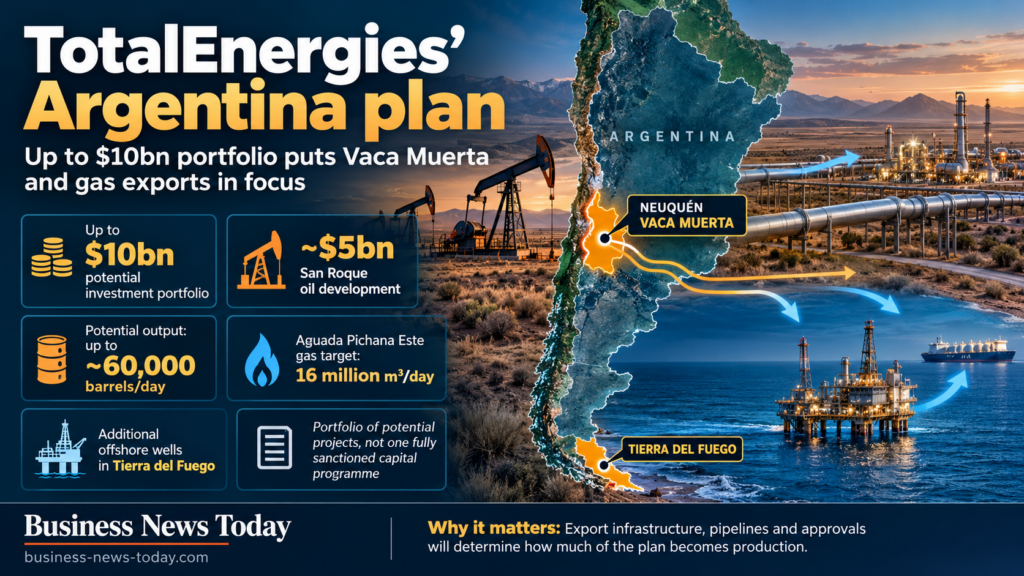 Infographic showing TotalEnergies’ Argentina investment plan, highlighting up to $10 billion in potential projects, including a roughly $5 billion San Roque oil development, possible output of up to 60,000 barrels a day, a 16 million cubic metre a day gas target at Aguada Pichana Este, and additional offshore wells in Tierra del Fuego.