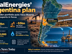 Infographic showing TotalEnergies’ Argentina investment plan, highlighting up to $10 billion in potential projects, including a roughly $5 billion San Roque oil development, possible output of up to 60,000 barrels a day, a 16 million cubic metre a day gas target at Aguada Pichana Este, and additional offshore wells in Tierra del Fuego.