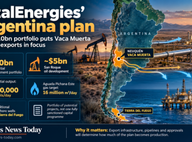 Infographic showing TotalEnergies’ Argentina investment plan, highlighting up to $10 billion in potential projects, including a roughly $5 billion San Roque oil development, possible output of up to 60,000 barrels a day, a 16 million cubic metre a day gas target at Aguada Pichana Este, and additional offshore wells in Tierra del Fuego.
