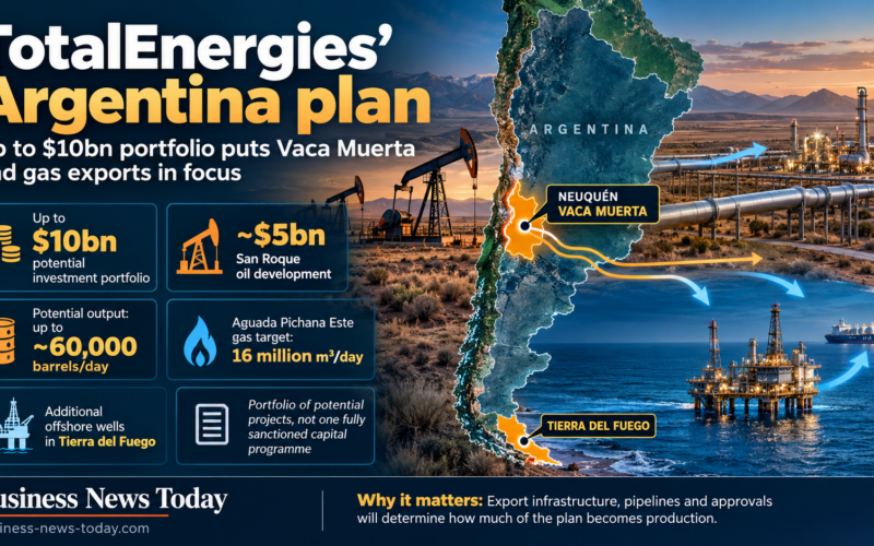 Infographic showing TotalEnergies’ Argentina investment plan, highlighting up to $10 billion in potential projects, including a roughly $5 billion San Roque oil development, possible output of up to 60,000 barrels a day, a 16 million cubic metre a day gas target at Aguada Pichana Este, and additional offshore wells in Tierra del Fuego.
