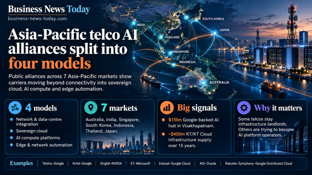 Infographic-style feature image showing a map of Asia-Pacific with network links across seven markets, highlighting four models of telco AI partnerships and key examples such as sovereign cloud, AI compute platforms and network integration.