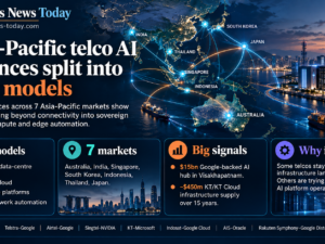 Infographic-style feature image showing a map of Asia-Pacific with network links across seven markets, highlighting four models of telco AI partnerships and key examples such as sovereign cloud, AI compute platforms and network integration.