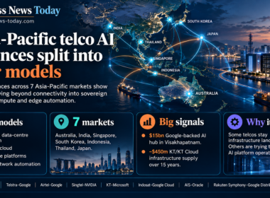 Infographic-style feature image showing a map of Asia-Pacific with network links across seven markets, highlighting four models of telco AI partnerships and key examples such as sovereign cloud, AI compute platforms and network integration.