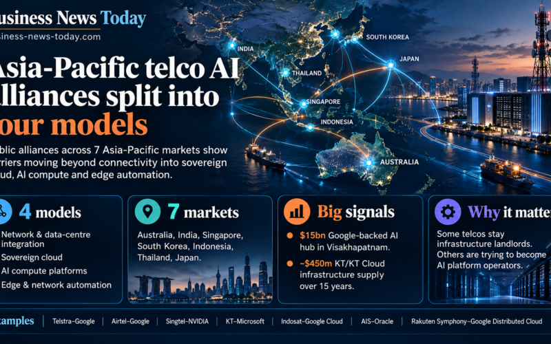 Infographic-style feature image showing a map of Asia-Pacific with network links across seven markets, highlighting four models of telco AI partnerships and key examples such as sovereign cloud, AI compute platforms and network integration.