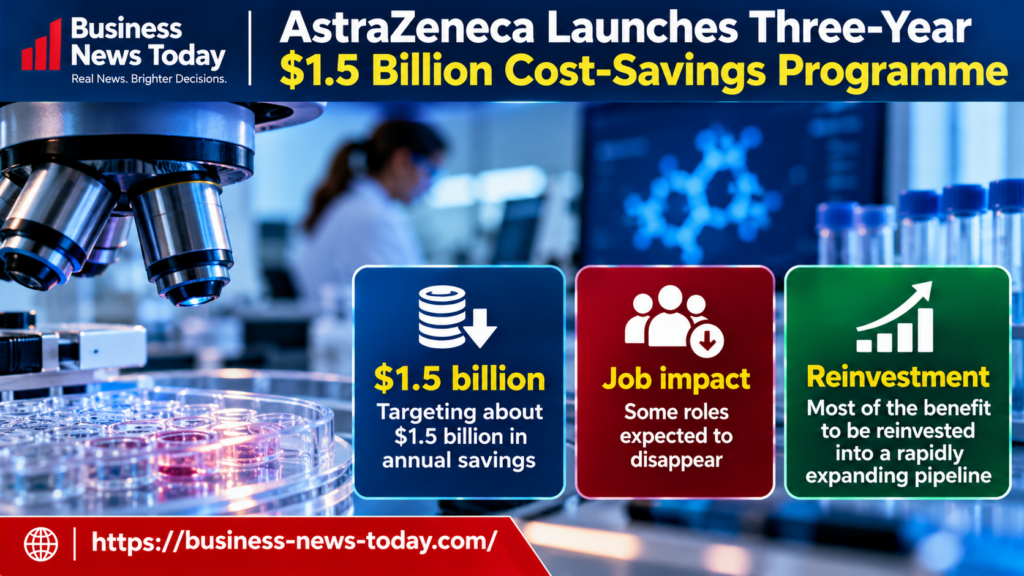 Infographic showing AstraZeneca’s three-year cost-saving programme targeting approximately $1.5 billion in annual savings, highlighting potential job reductions and plans to reinvest most of the savings into its expanding pharmaceutical pipeline.