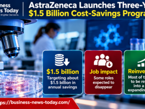 Infographic showing AstraZeneca’s three-year cost-saving programme targeting approximately $1.5 billion in annual savings, highlighting potential job reductions and plans to reinvest most of the savings into its expanding pharmaceutical pipeline.