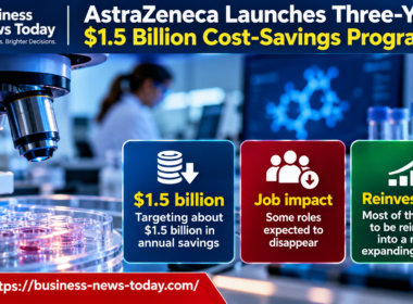Infographic showing AstraZeneca’s three-year cost-saving programme targeting approximately $1.5 billion in annual savings, highlighting potential job reductions and plans to reinvest most of the savings into its expanding pharmaceutical pipeline.