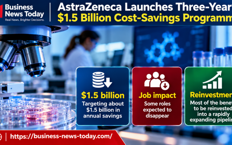 Infographic showing AstraZeneca’s three-year cost-saving programme targeting approximately $1.5 billion in annual savings, highlighting potential job reductions and plans to reinvest most of the savings into its expanding pharmaceutical pipeline.
