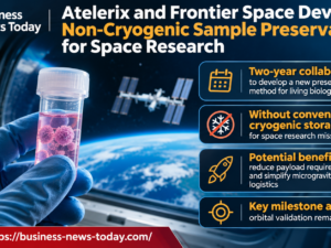 Infographic showing Atelerix and Frontier Space developing non-cryogenic preservation for living biological samples, highlighting their two-year collaboration, potential reductions in space mission payload requirements and the need for orbital validation.