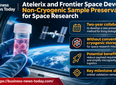 Infographic showing Atelerix and Frontier Space developing non-cryogenic preservation for living biological samples, highlighting their two-year collaboration, potential reductions in space mission payload requirements and the need for orbital validation.