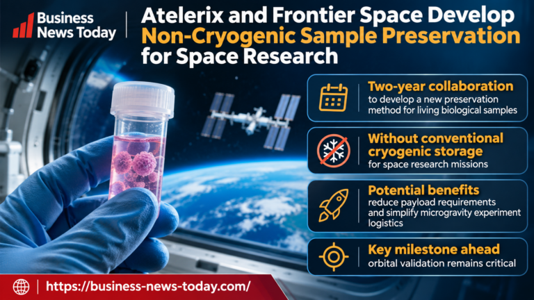 Infographic showing Atelerix and Frontier Space developing non-cryogenic preservation for living biological samples, highlighting their two-year collaboration, potential reductions in space mission payload requirements and the need for orbital validation.