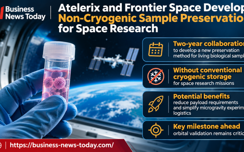 Infographic showing Atelerix and Frontier Space developing non-cryogenic preservation for living biological samples, highlighting their two-year collaboration, potential reductions in space mission payload requirements and the need for orbital validation.