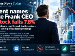 Infographic-style feature image about Avient appointing Mike Frank as chief executive officer, highlighting the company’s reaffirmed 2026 guidance, record adjusted margins, improving organic growth, and a 7.8% stock decline, with industrial materials imagery.
