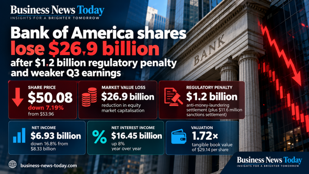 Business News Today infographic showing Bank of America’s $26.9 billion market value decline following a $1.2 billion regulatory penalty, with shares falling 7.19% to $50.08, alongside key third-quarter earnings and valuation figures.