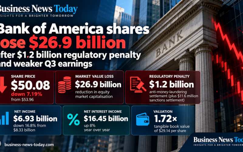 Business News Today infographic showing Bank of America’s $26.9 billion market value decline following a $1.2 billion regulatory penalty, with shares falling 7.19% to $50.08, alongside key third-quarter earnings and valuation figures.