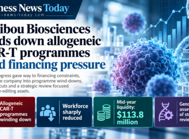 Infographic-style feature image about Caribou Biosciences winding down its allogeneic CAR-T programmes due to financing pressure, highlighting workforce reductions, $113.8 million in mid-year liquidity, and a strategic review focused on genome-editing assets, alongside biotech visuals and the Business News Today branding.