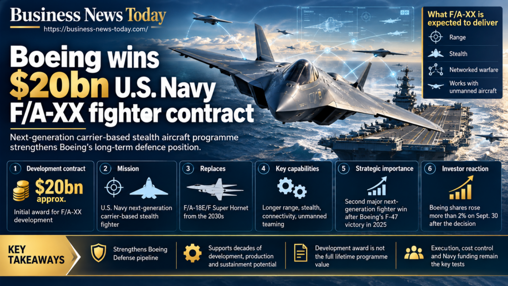 Boeing F/A-XX infographic showing the approximately $20 billion US Navy development contract, the programme’s planned replacement of the F/A-18E/F Super Hornet, expected stealth and range improvements, unmanned teaming and Boeing’s recent share-price gain.