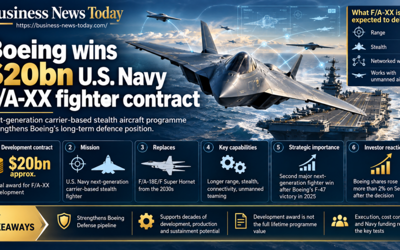Boeing F/A-XX infographic showing the approximately $20 billion US Navy development contract, the programme’s planned replacement of the F/A-18E/F Super Hornet, expected stealth and range improvements, unmanned teaming and Boeing’s recent share-price gain.