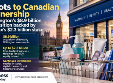 Infographic showing Wittington Investments’ $8.9 billion acquisition of Boots, with Fairfax Financial Holdings committing up to $2.3 billion for a 50% equity interest.