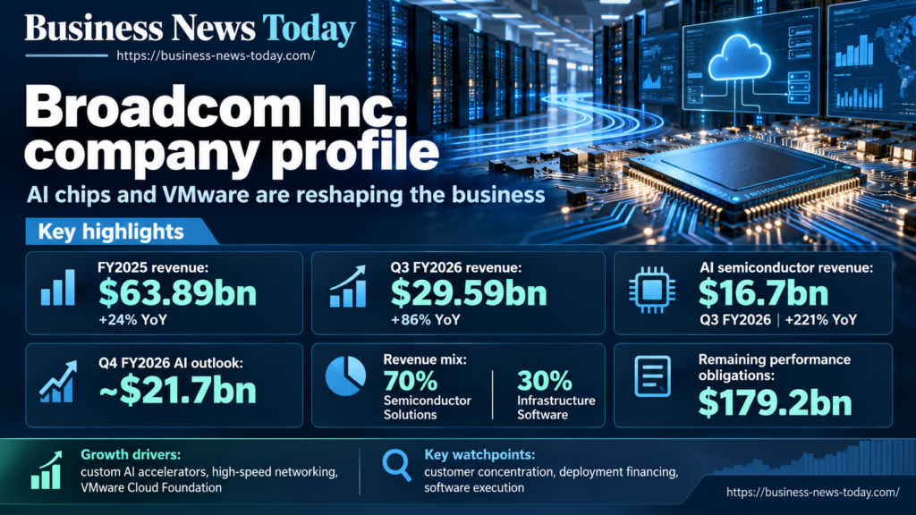 Infographic-style feature image for a Business News Today Broadcom Inc. company profile, showing a semiconductor chip, data-center servers and key figures including FY2025 revenue of $63.89 billion, Q3 FY2026 revenue of $29.59 billion and AI semiconductor revenue of $16.7 billion.