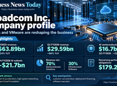 Infographic-style feature image for a Business News Today Broadcom Inc. company profile, showing a semiconductor chip, data-center servers and key figures including FY2025 revenue of $63.89 billion, Q3 FY2026 revenue of $29.59 billion and AI semiconductor revenue of $16.7 billion.