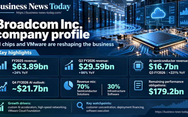 Infographic-style feature image for a Business News Today Broadcom Inc. company profile, showing a semiconductor chip, data-center servers and key figures including FY2025 revenue of $63.89 billion, Q3 FY2026 revenue of $29.59 billion and AI semiconductor revenue of $16.7 billion.