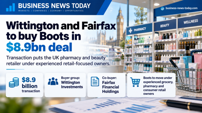 Infographic showing Wittington Investments and Fairfax Financial Holdings acquiring Boots in an $8.9 billion deal, with pharmacy, beauty and retail imagery.