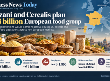 Editorial infographic showing the proposed combination of Panzani and Cerealis, highlighting an indicative €1.8 billion enterprise value, about €1 billion in combined annual revenue, nearly 1,800 employees, a 2025 revenue base of €620 million for Panzani and €400 million for Cerealis, and a European footprint spanning France, Portugal, Spain, the Netherlands and Central Europe.