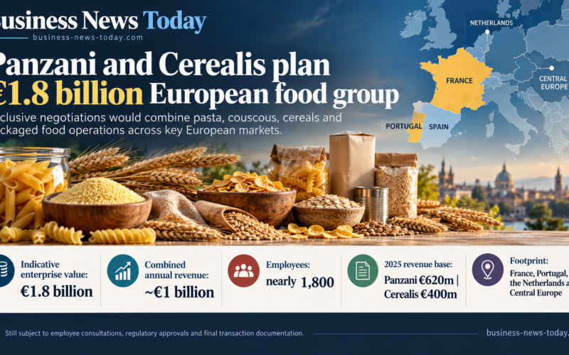 Editorial infographic showing the proposed combination of Panzani and Cerealis, highlighting an indicative €1.8 billion enterprise value, about €1 billion in combined annual revenue, nearly 1,800 employees, a 2025 revenue base of €620 million for Panzani and €400 million for Cerealis, and a European footprint spanning France, Portugal, Spain, the Netherlands and Central Europe.
