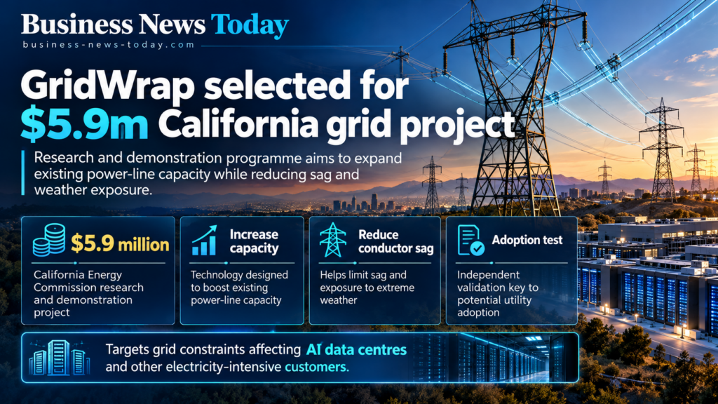 Infographic showing GridWrap’s selection for a $5.9 million California Energy Commission project, highlighting technology to increase existing power-line capacity, reduce conductor sag and extreme weather exposure, and support growing AI data centre electricity demand.