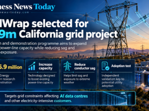 Infographic showing GridWrap’s selection for a $5.9 million California Energy Commission project, highlighting technology to increase existing power-line capacity, reduce conductor sag and extreme weather exposure, and support growing AI data centre electricity demand.