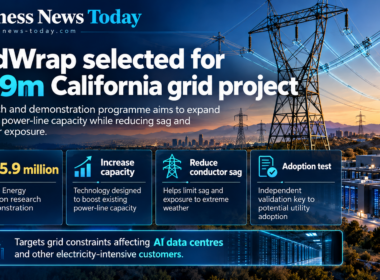 Infographic showing GridWrap’s selection for a $5.9 million California Energy Commission project, highlighting technology to increase existing power-line capacity, reduce conductor sag and extreme weather exposure, and support growing AI data centre electricity demand.