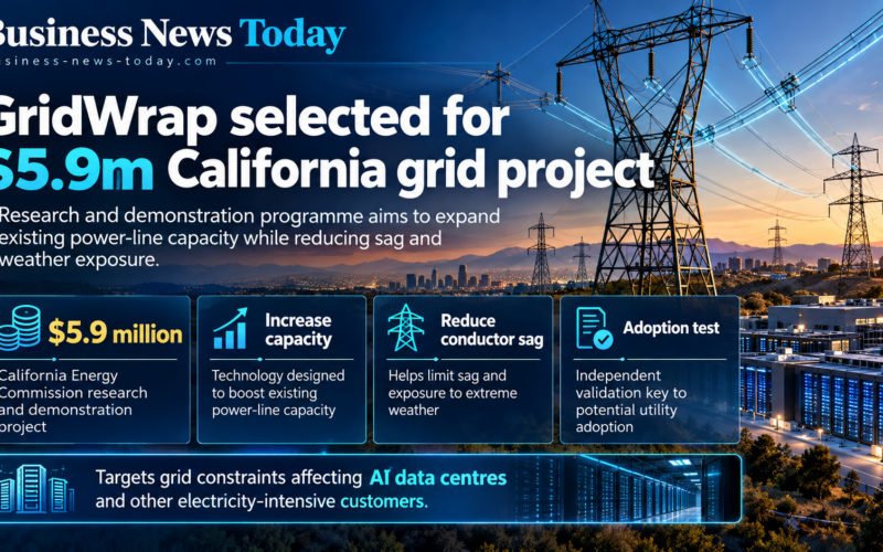Infographic showing GridWrap’s selection for a $5.9 million California Energy Commission project, highlighting technology to increase existing power-line capacity, reduce conductor sag and extreme weather exposure, and support growing AI data centre electricity demand.