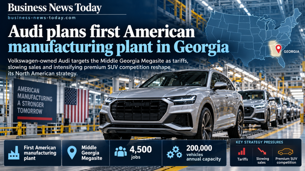 Infographic showing Audi’s planned first American manufacturing plant in Georgia, highlighting the Middle Georgia Megasite, 4,500 targeted jobs, 200,000 vehicles of annual capacity, and strategic pressure from tariffs, slowing sales and premium SUV competition.