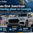 Infographic showing Audi’s planned first American manufacturing plant in Georgia, highlighting the Middle Georgia Megasite, 4,500 targeted jobs, 200,000 vehicles of annual capacity, and strategic pressure from tariffs, slowing sales and premium SUV competition.